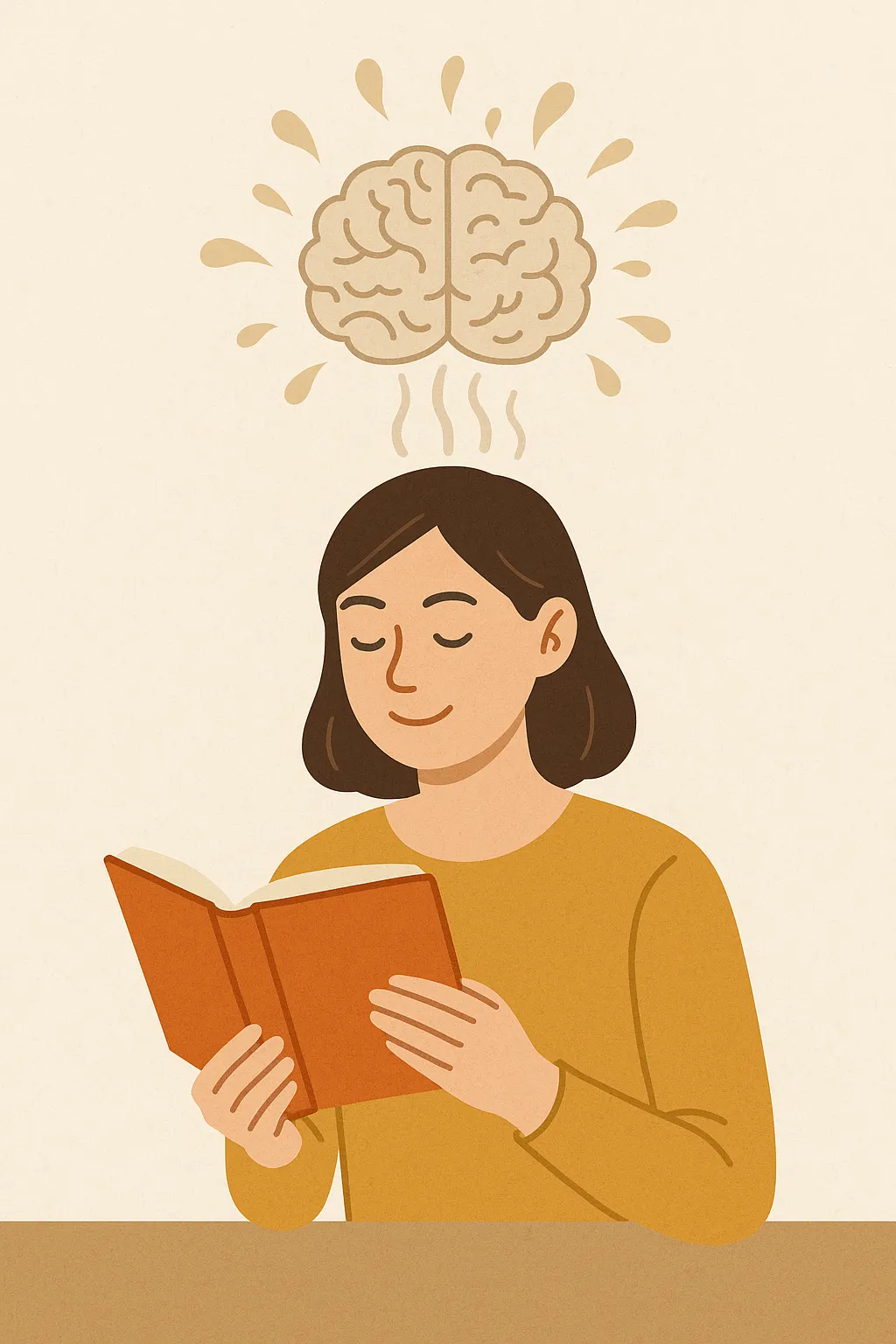 책을-읽으며-편안하게-미소짓는-여성의-머리-위에-뇌가-부드럽게-빛나는-모습으로,-독서가-뇌파를-안정시키고-스트레스를-완화하는-과학적-원리를-표현한-일러스트