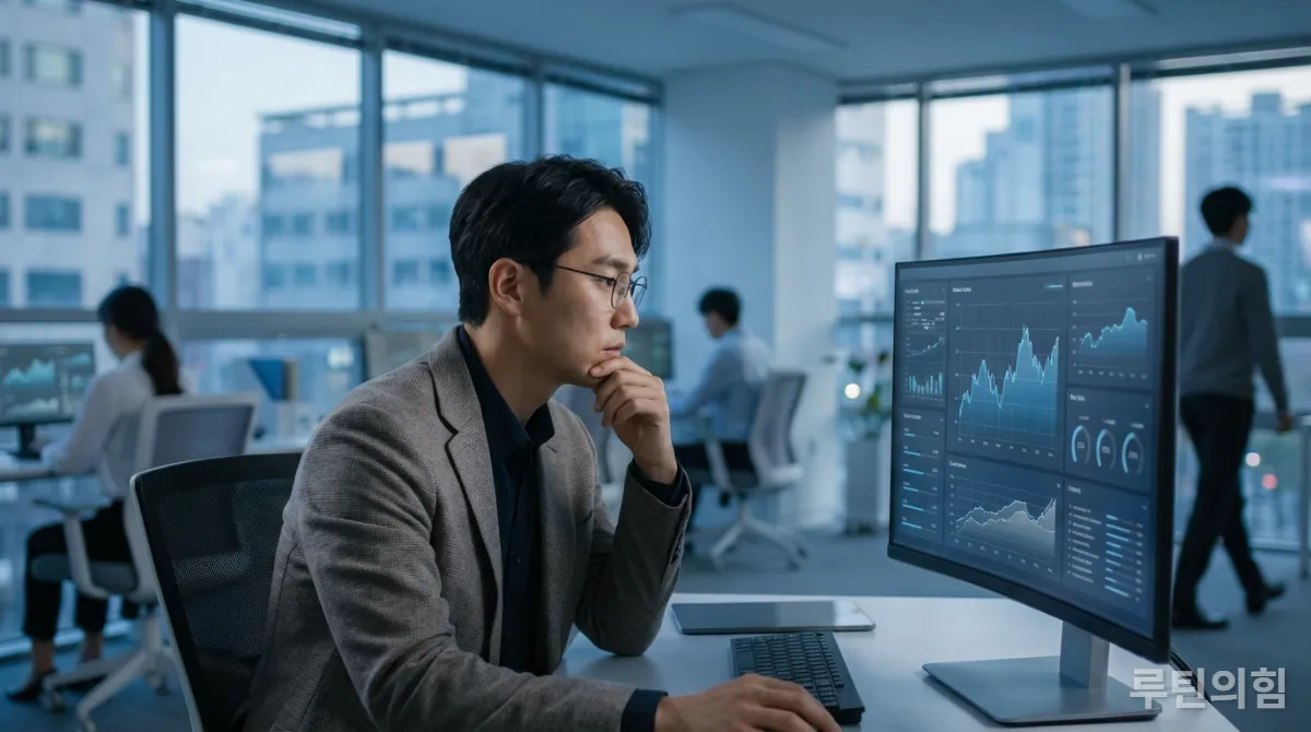 한국 직장인이 데이터 시각화 화면을 집중해서 보고 있는 모습