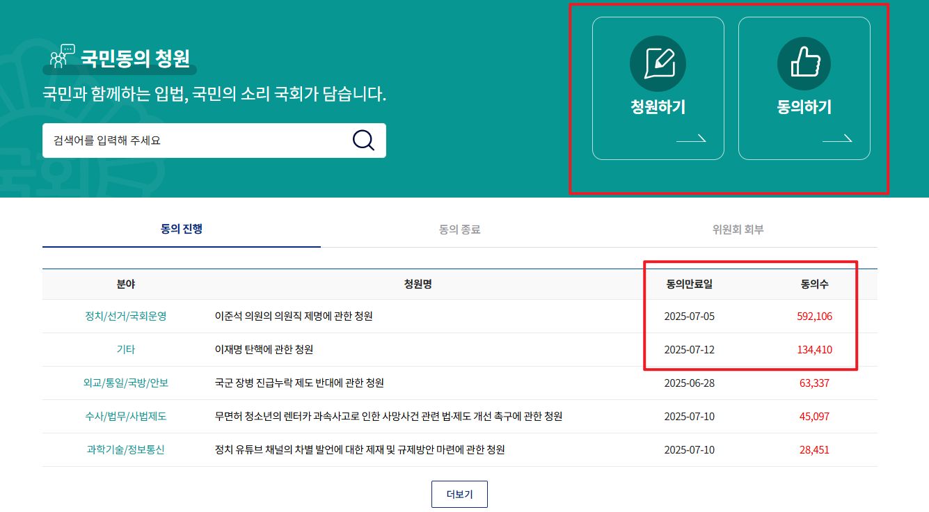 국민동의청원 홈페이지 청원신청화면