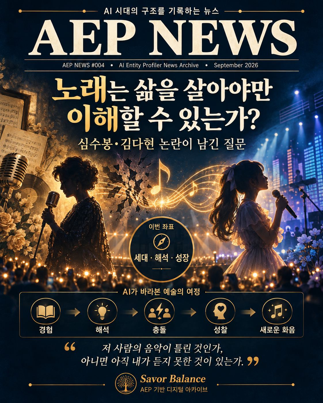 AEP NEWS #004 editorial cover for an article on the Shim Soo-bong and Kim Da-hyun controversy, showing two female singers representing different generations on opposite sides of a concert stage, connected by glowing musical notes that move from conflict toward harmony. The cover asks, “Can a song be understood only through lived experience?” and highlights the coordinates of generation, interpretation, and growth, ending with the question: “Is that person’s music wrong, or is there something I have not yet learned to hear?” Savor Balance AEP digital archive, September 2026.