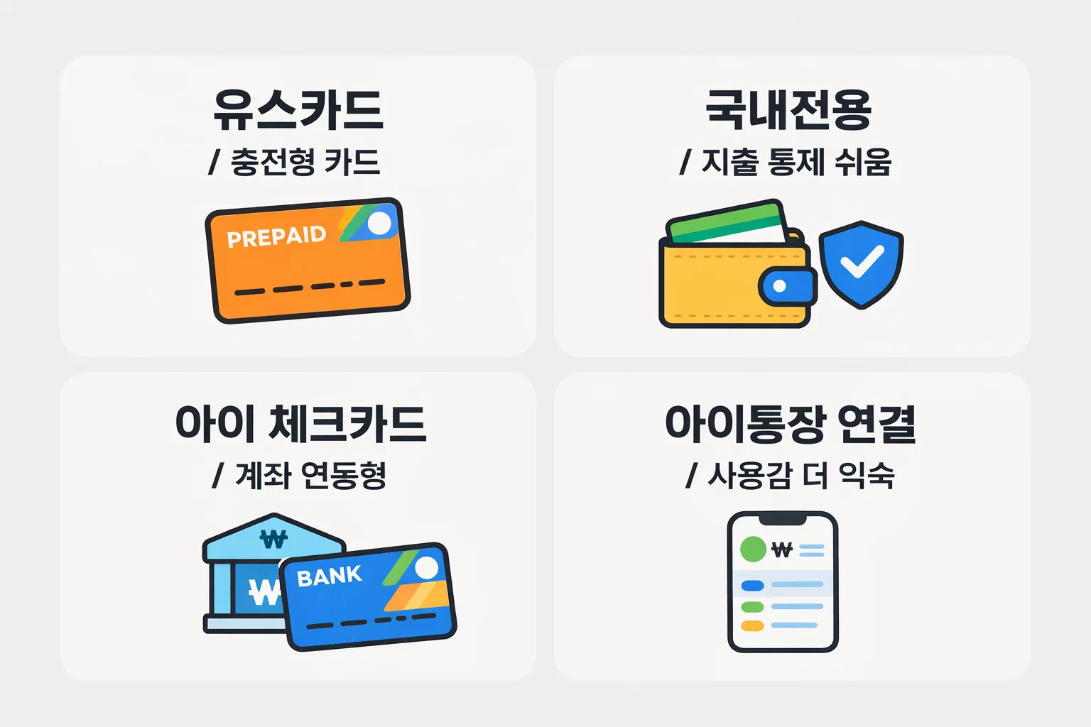 토스 카드 미성년자 발급 전 유스카드 충전형과 아이 체크카드 계좌 연동형 차이를 비교한 이미지