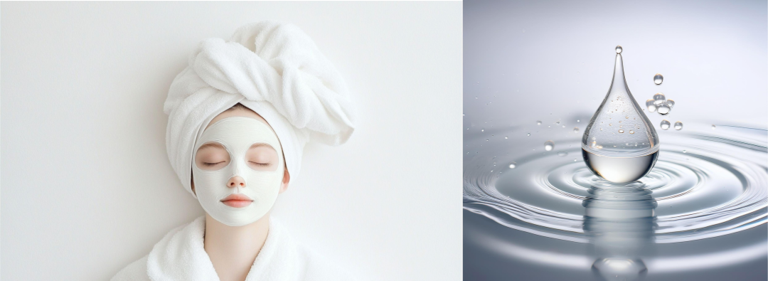 흰색 타월을 두른 여성이 진정 마스크를 하고 휴식을 취하는 모습과, 옆에는 물방울이 떨어지며 퍼지는 수분감 있는 이미지가 함께 있는 피부 진정 및 보습 케어 관련 이미지