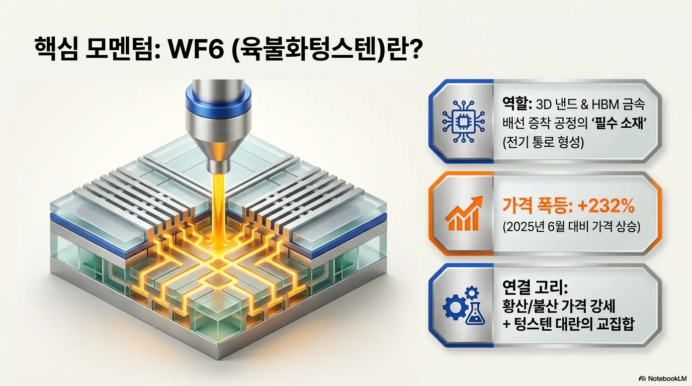 후성 주가 전망: 후성의 핵심 모멘텀인 WF6(육불화텅스텐)를 설명한 인포그래픽. 3D 낸드와 HBM 금속 배선 증착 공정의 필수 소재라는 역할, 2025년 6월 대비 +232% 가격 폭등, 황산·불산 강세와 텅스텐 대란이 겹친 연결 고리를 반도체 단면 이미지와 함께 정리함.