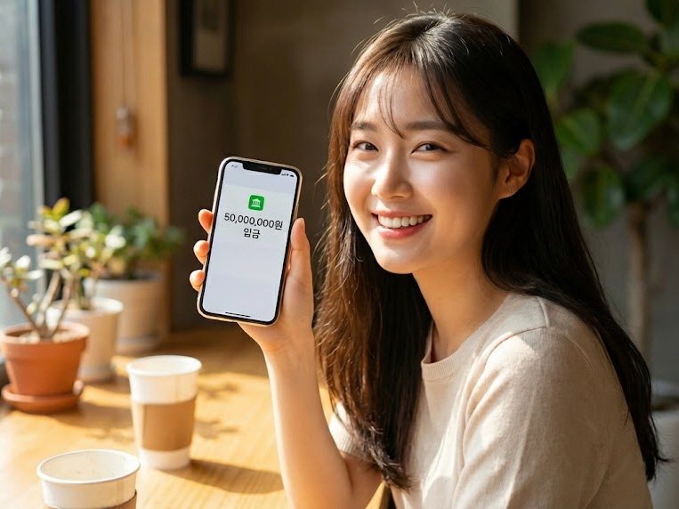 청년도약계좌 5천만원 만기 달성 후 스마트폰을 보며 기뻐하는 한국인 여성