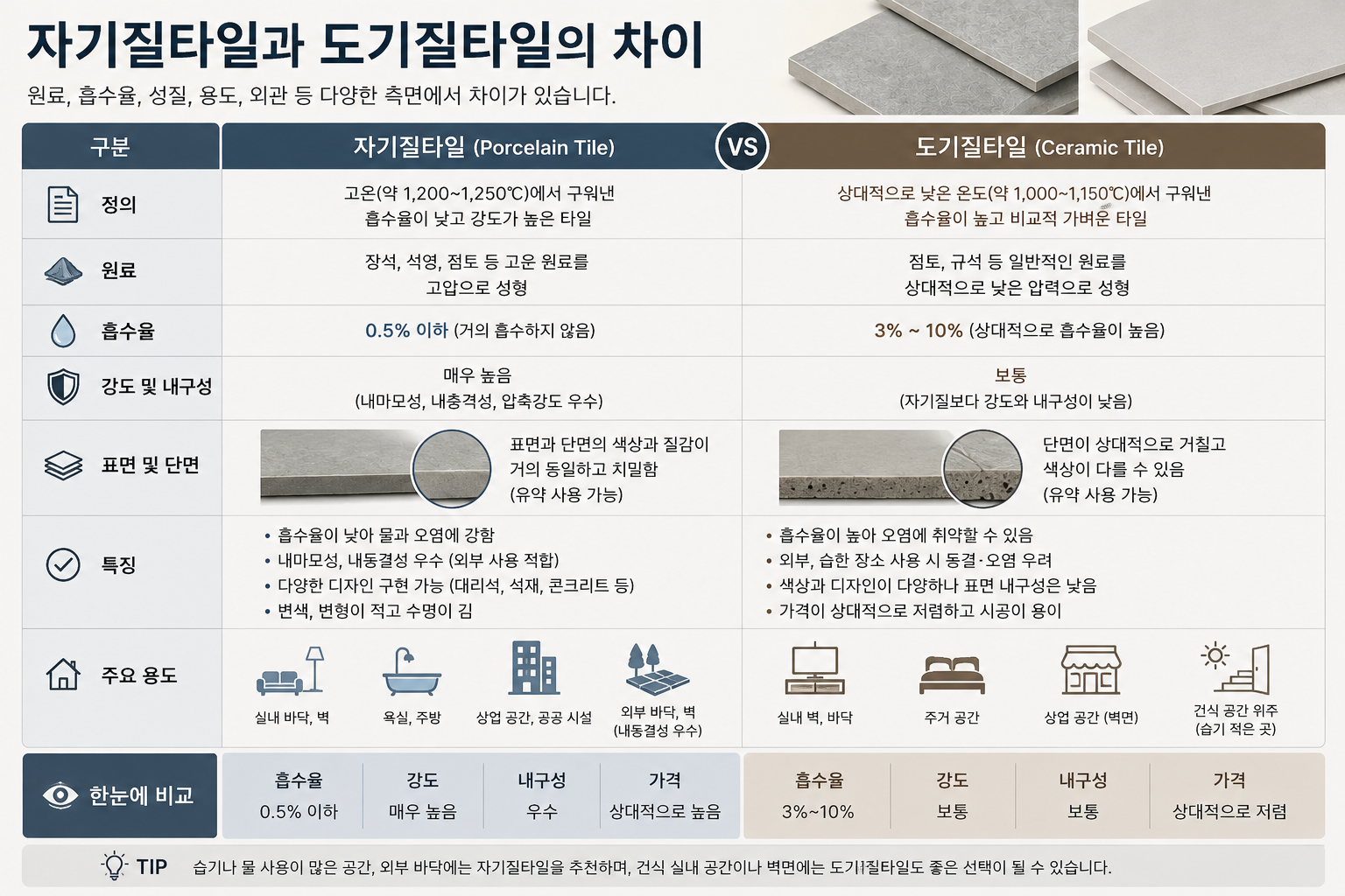 자기질타일과 도기질타일의 차이