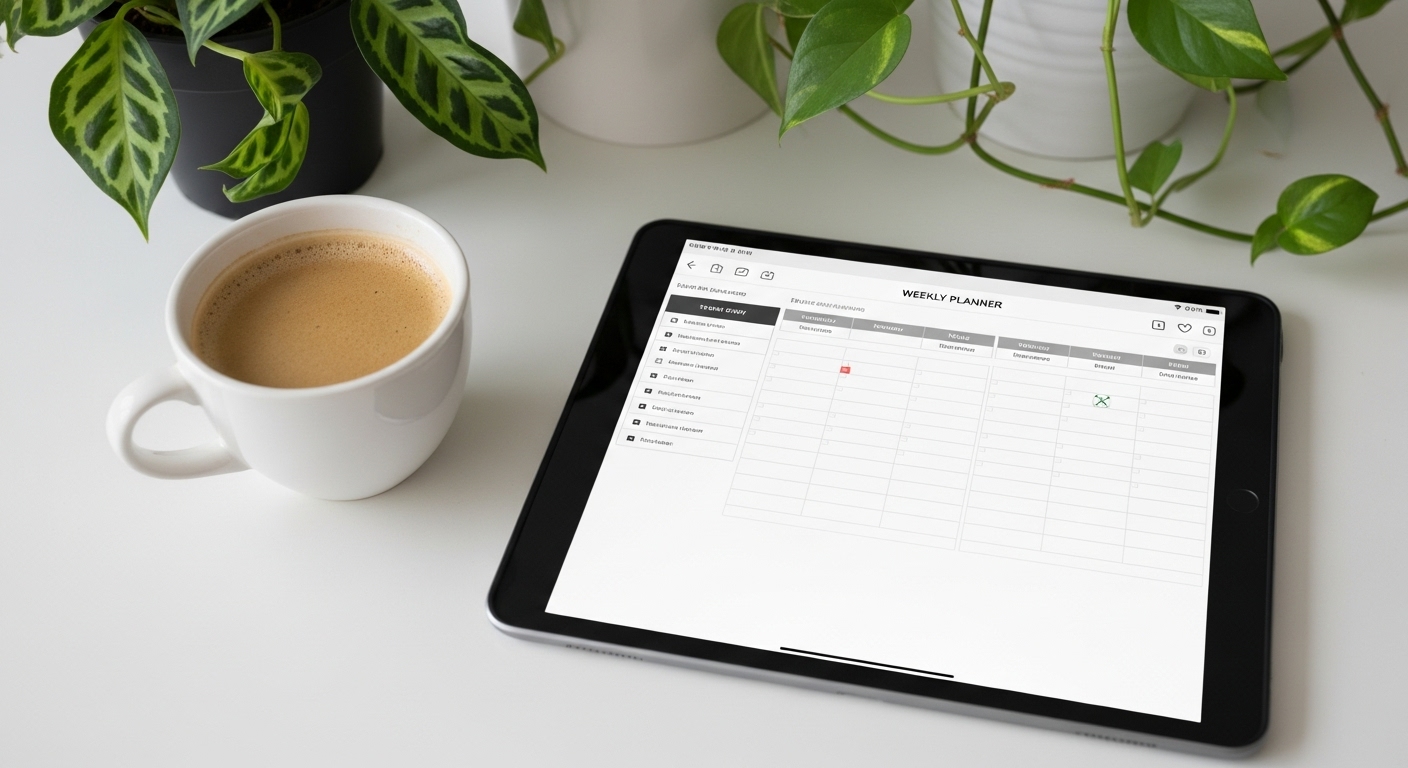 체계적인 주간 공부 계획이 보이는 태블릿 디지털 플래너와 커피