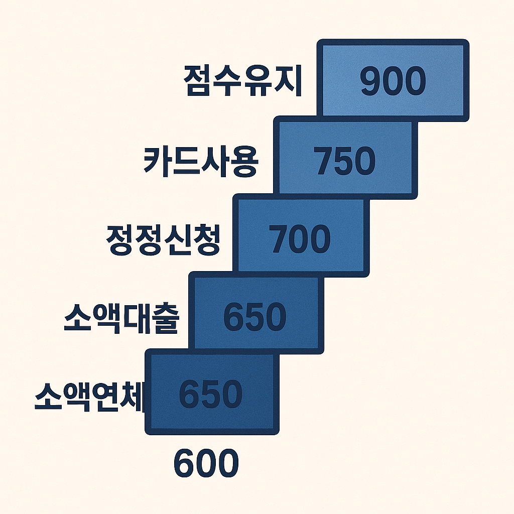 신용점수 600점부터 900점까지 단계별 관리전략을 사다리형 그래프로 표현한 신용점수 관리전략 인포그래픽