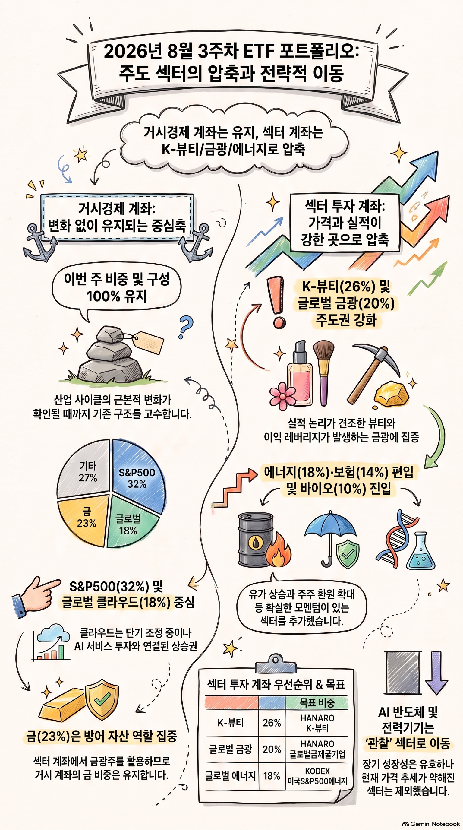 K-뷰티·금광·에너지 강세, 거시 주도섹터 클라우드는 유지|2026년 8월 3주차 ETF 추천 조합