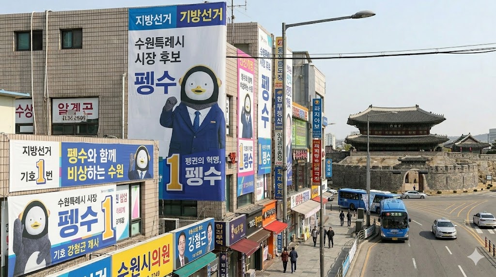 팔달문에 걸린 현수막 이미지를 AI로 제작하였습니다.