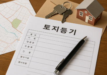 책상 위에 토지등기 서류, 볼펜, 열쇠, 작은 주택 모형, 지적도 등이 가지런히 놓여 있는 장면.