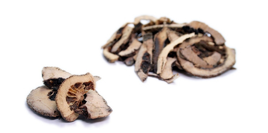 야생에서 채취를 한 지각을 깨끗하게 세척하고 건조시킨 것을 편으로 썰어 놓은 것을 하얀 바닥 위에 수북하게 놓아두고 찍은 사진