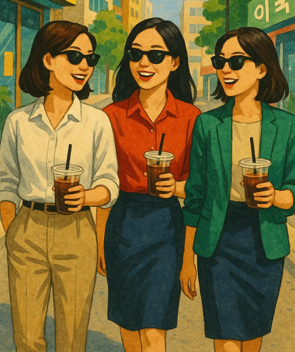 점심식사 후 걷고 있는 직장인 여성들