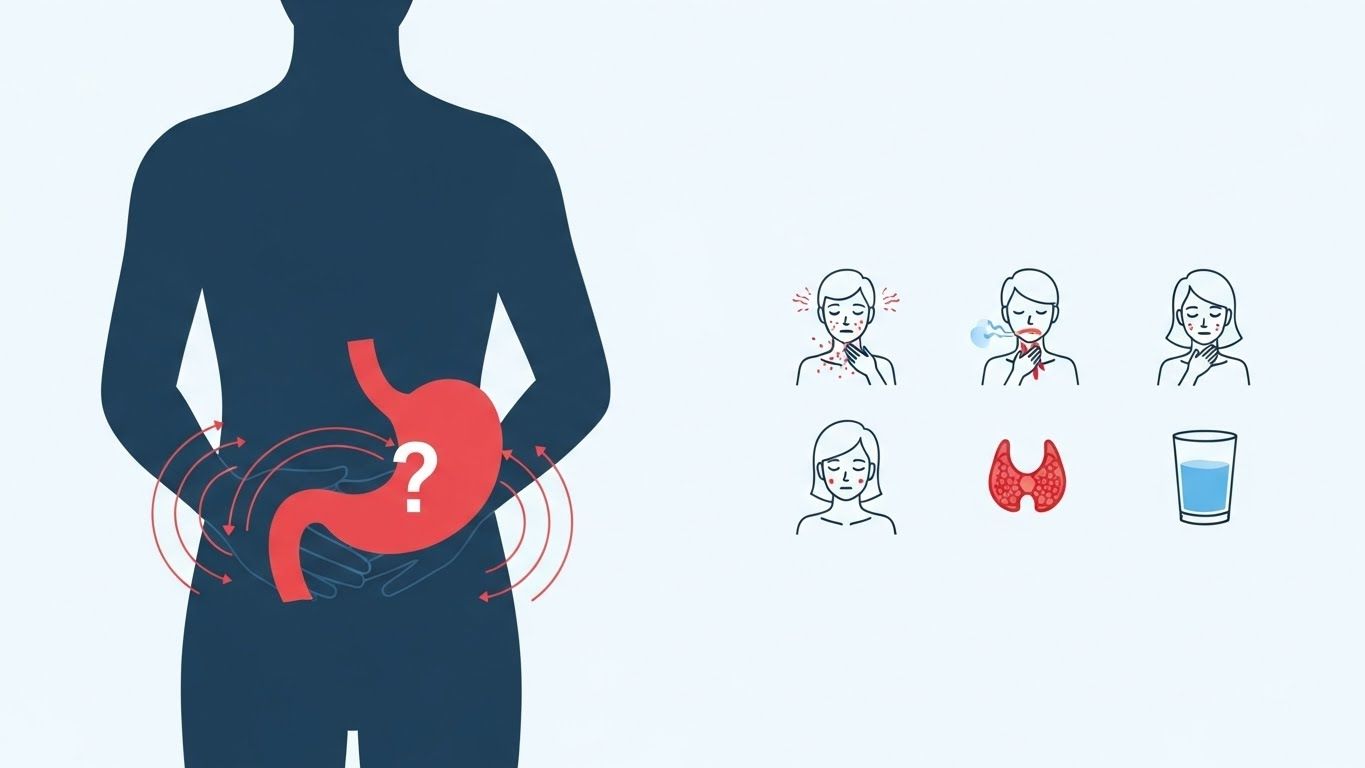 경미한 위 불편감을 경험하는 사람의 실루엣을 묘사한 미니멀리즘 인포그래픽 일러스트레이션으로, 위 부위 주변에 은은한 붉은 선과 물음표가 있습니다.