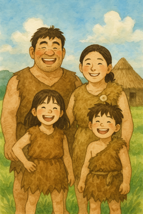 구석기 복장을 한 4인 가족이 밝게 웃으며 포즈를 취한 모습