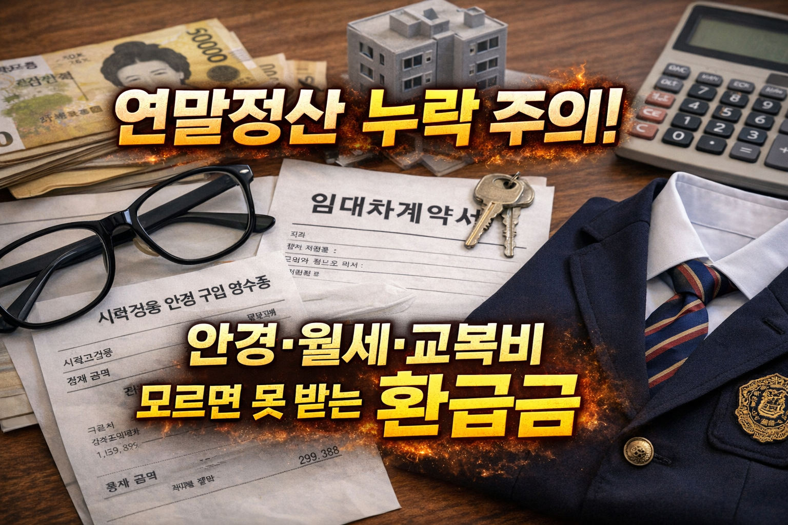 연말정산 누락 주의 썸네일, 안경 월세 교복비 모르면 못 받는 환급금 실사 이미지