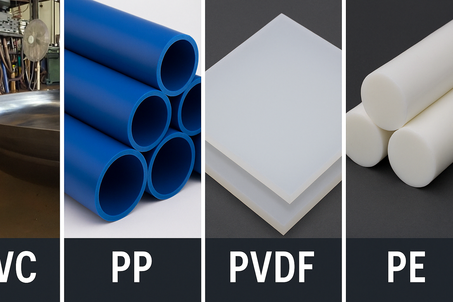 Side-by-side photograph comparison of four industrial plastic materials: PVC, PP, PVDF, and PE, highlighting their visual differences for engineering applications
