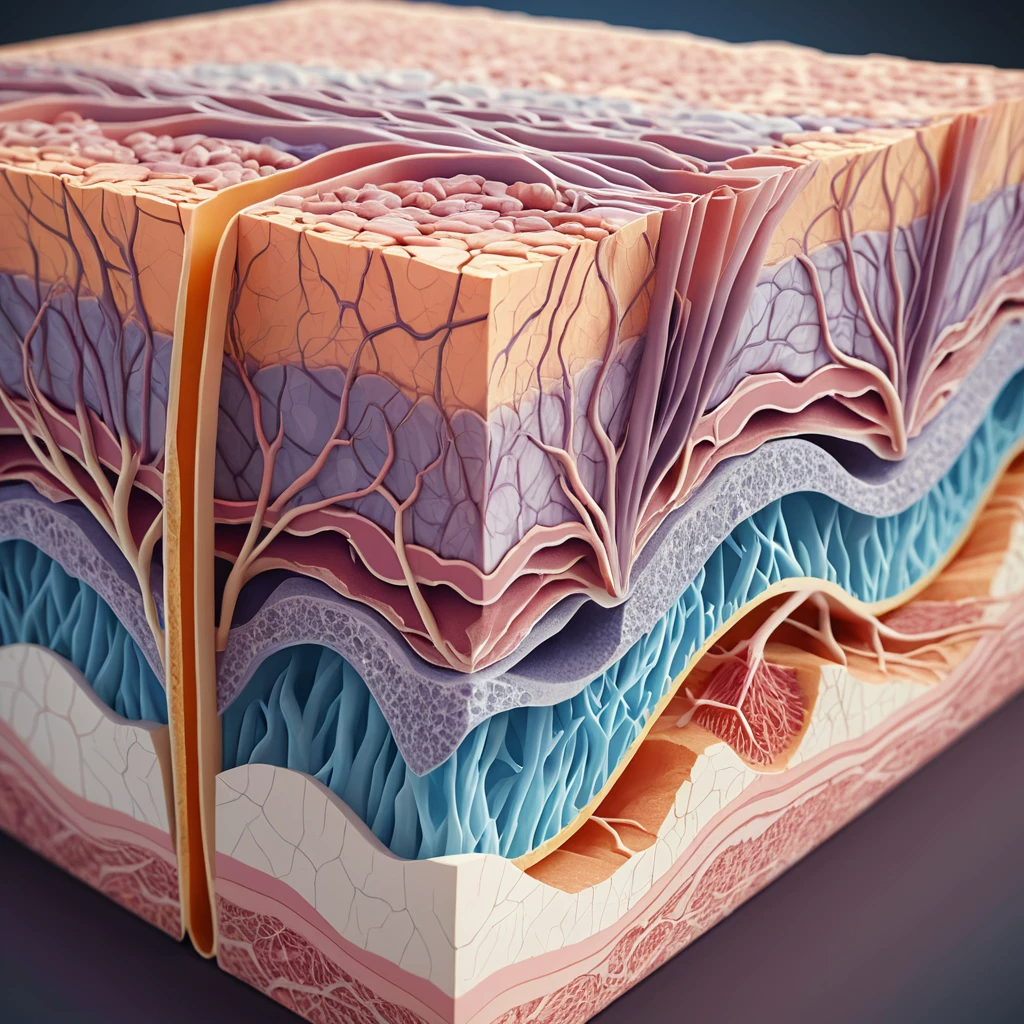 피부의 해부학적 단면 구조도. 표피, 진피, 피하지방층 등 피부 각 층의 혈관과 조직이 정교하게 묘사됨