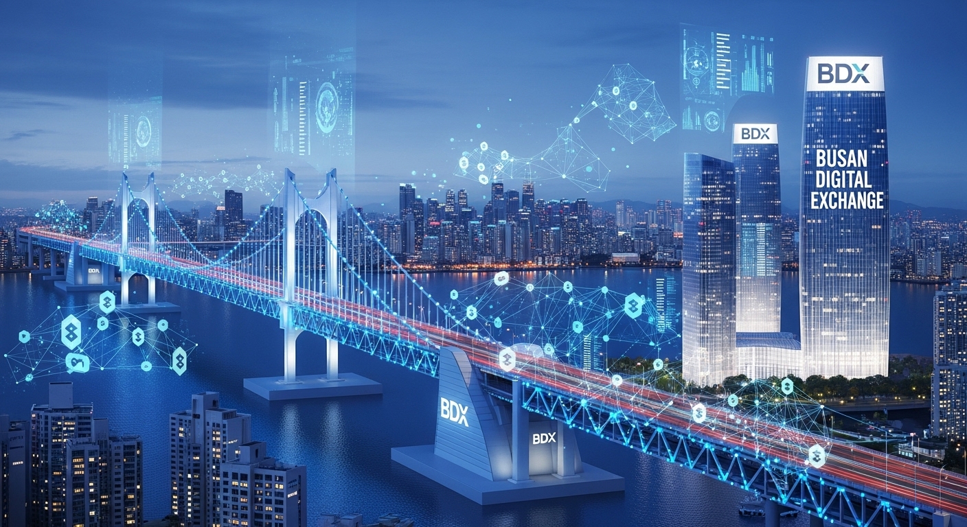 Futuristic city image fusing Busan Gwangan Bridge night view with blockchain node network, featuring BDX logo and 'Busan Digital Exchange' text.