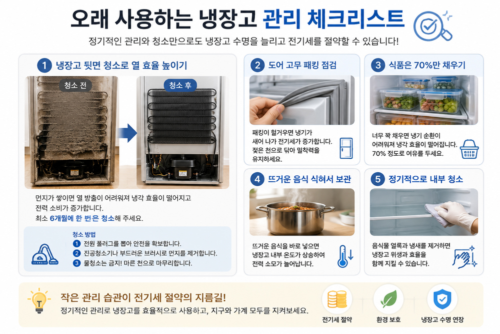 냉장고 관리 체크리스트를 설명하는 이미지. 냉장고 뒷면 먼지 청소, 도어 고무패킹 점검, 냉장고 70%만 채우기, 뜨거운 음식 식힌 뒤 보관, 내부 청소 등 전기세 절약과 냉장고 수명 연장에 도움이 되는 관리 방법을 정리한 인포그래픽.