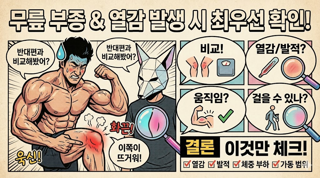 무릎 부종과 열감이 있을 때 반대편 비교, 열감·발적·움직임·보행 여부를 확인하는 체크리스트 인포그래픽