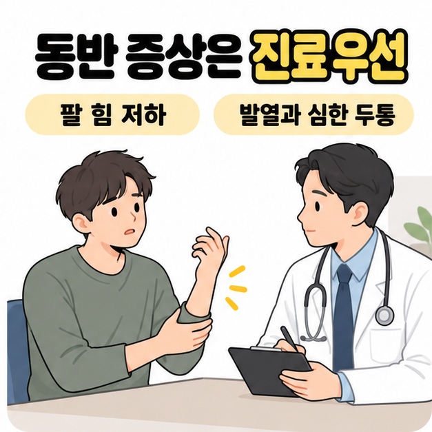 환자가 팔의 불편감을 의사에게 설명하고 팔 힘 저하와 발열 및 심한 두통이 있으면 진료를 우선하도록 안내하는 이미지