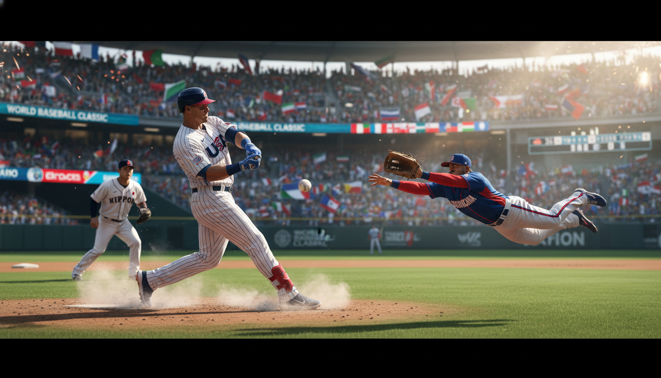 미국, 일본, 도미니카 공화국 선수들이 WBC에서 치열한 경기를 펼치는 역동적인 모습.