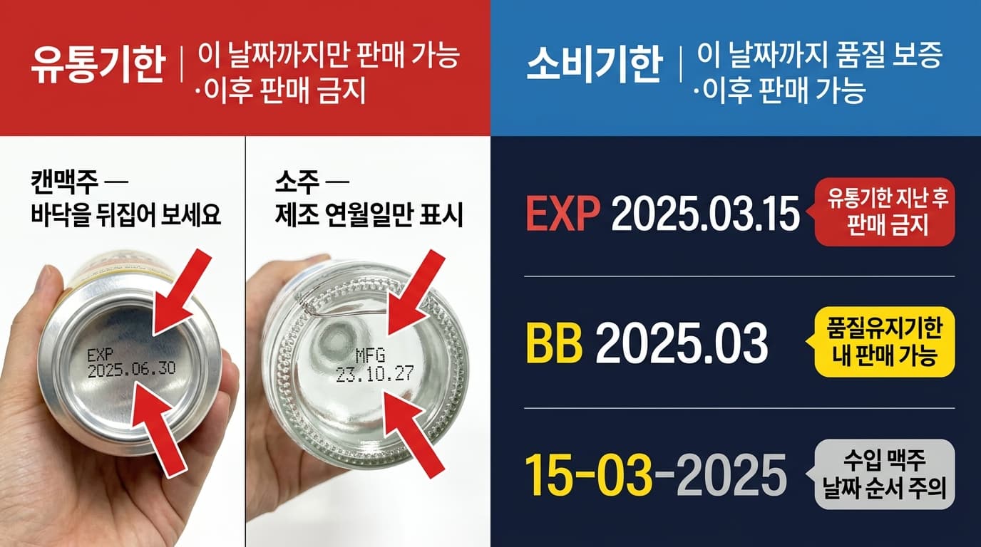 통기한 품질유지기한 차이 캔맥주 소주 EXP BB 확인 방법 설명 이미지