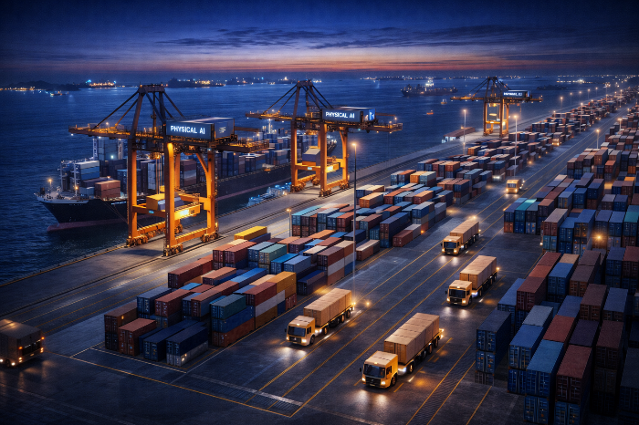 피지컬 AI 도입으로 완전 자동화를 구현한 미래의 물류 항만 전경.