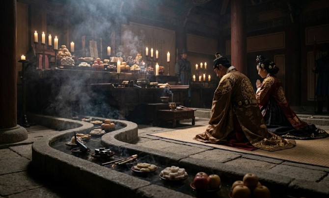 927년 11월, 신라 수도 경주 포석정. 깊은 밤, 촛불과 향 연기가 자욱한 사당 안. 경애왕이 왕비와 함께 나라의 안위를 위해 간절하게 제사를 지내고 있다.