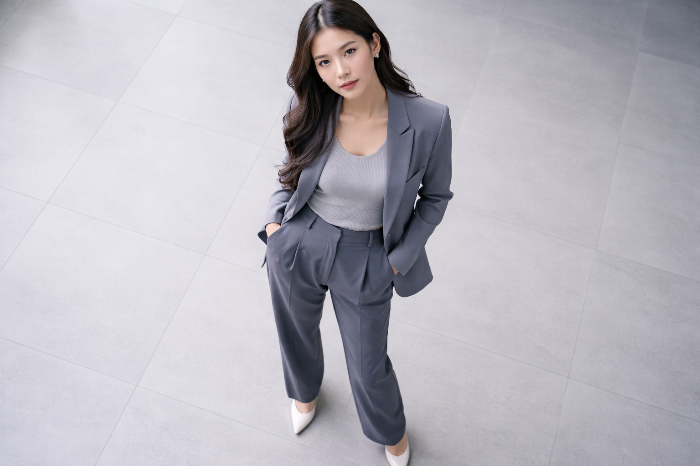 시각적 연장 효과를 주는 톤온톤 배색의 투피스 수트 스타일링.