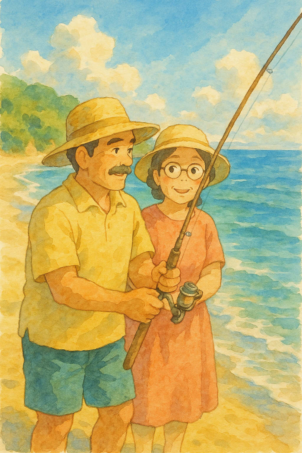 여름 바닷가에서 낚시하는 중년 부부, 따뜻한 수채화 느낌, 지브리 스타일