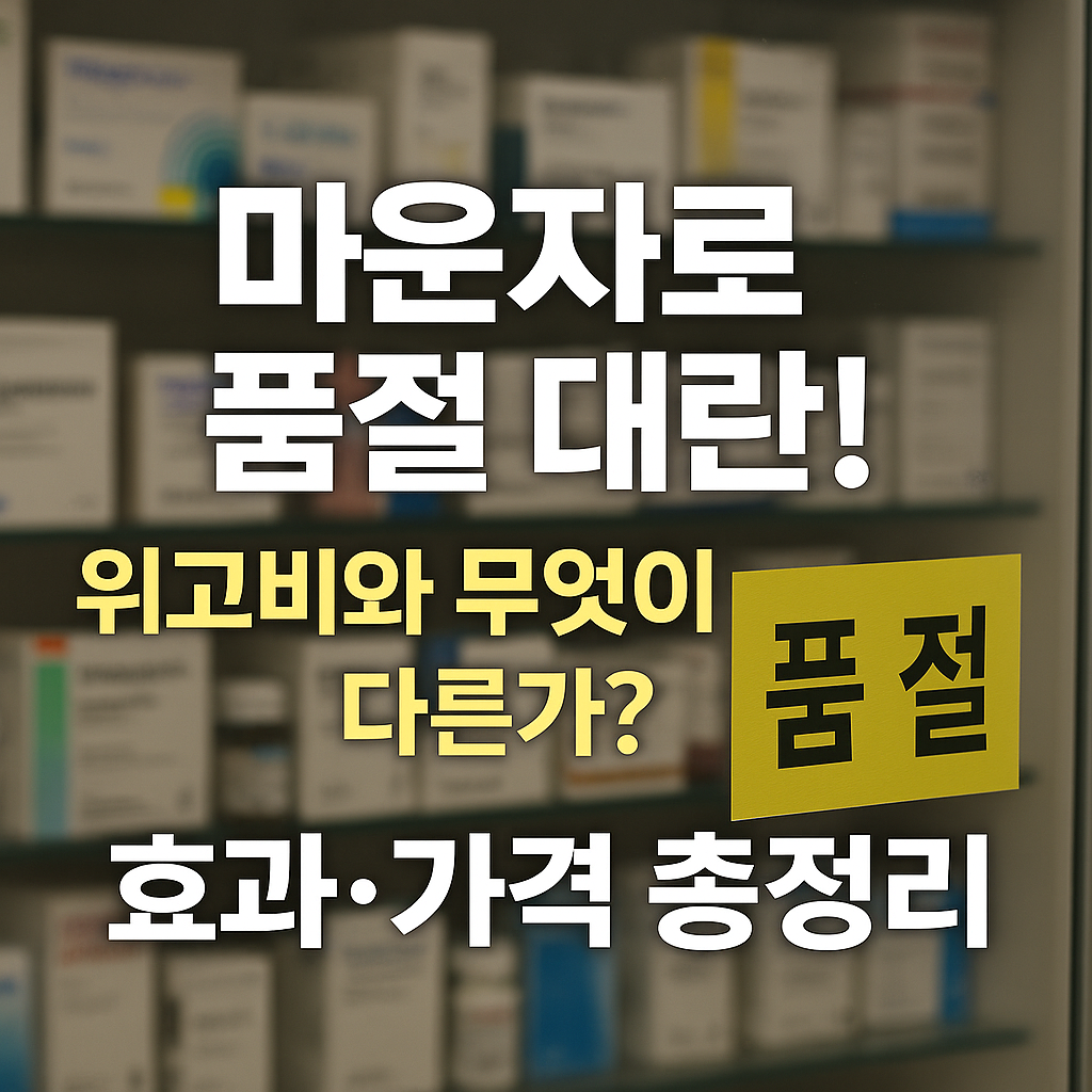 마운자로 품절 대란, 위고비와의 차이와 효과 및 가격 비교를 강조한 약국 배경 썸네일 이미지