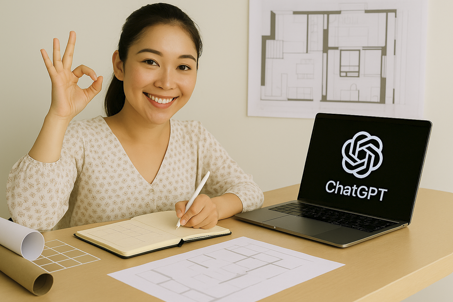 ChatGPT와 함께 인테리어 계획 중인 사용자. 인테리어 도면과 ChatGPT 화면