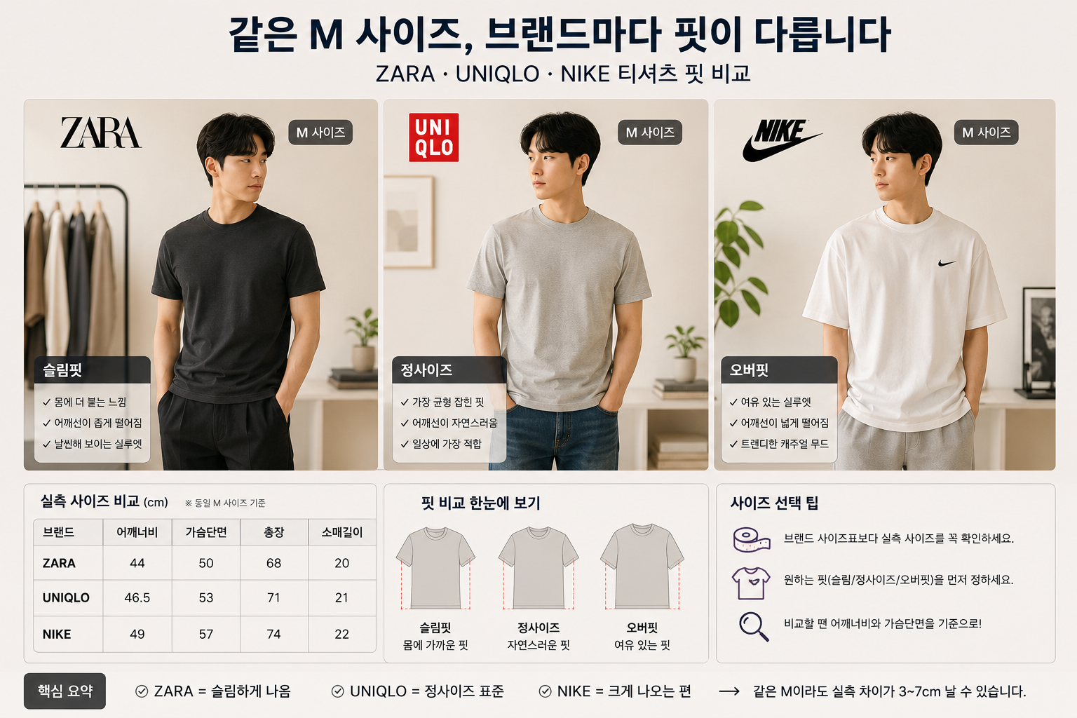 브랜드마다 다른 M 사이즈 핏 차이를 비교하는 이미지