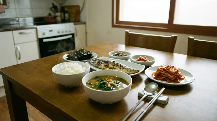 식탁 위에 쌀밥, 시금치 된장국, 생선구이, 김치, 김이 놓여 있는 모습