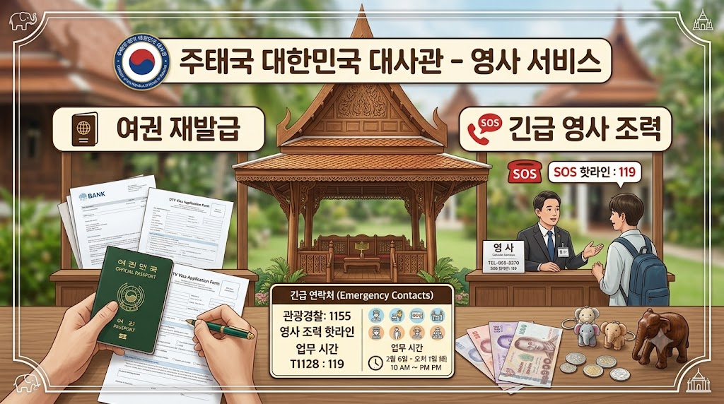 방콕에 위치한 주태국 대한민국 대사관 건물과 정문 모습