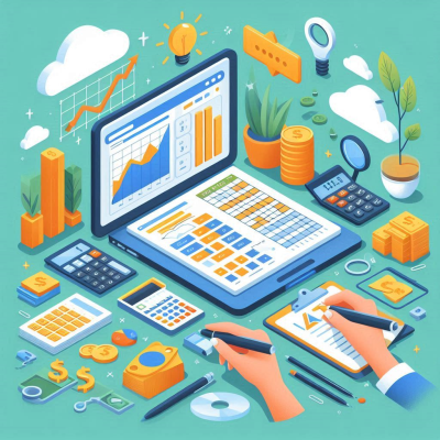 계산기와 책을 포함한 직장 환경 이미지.