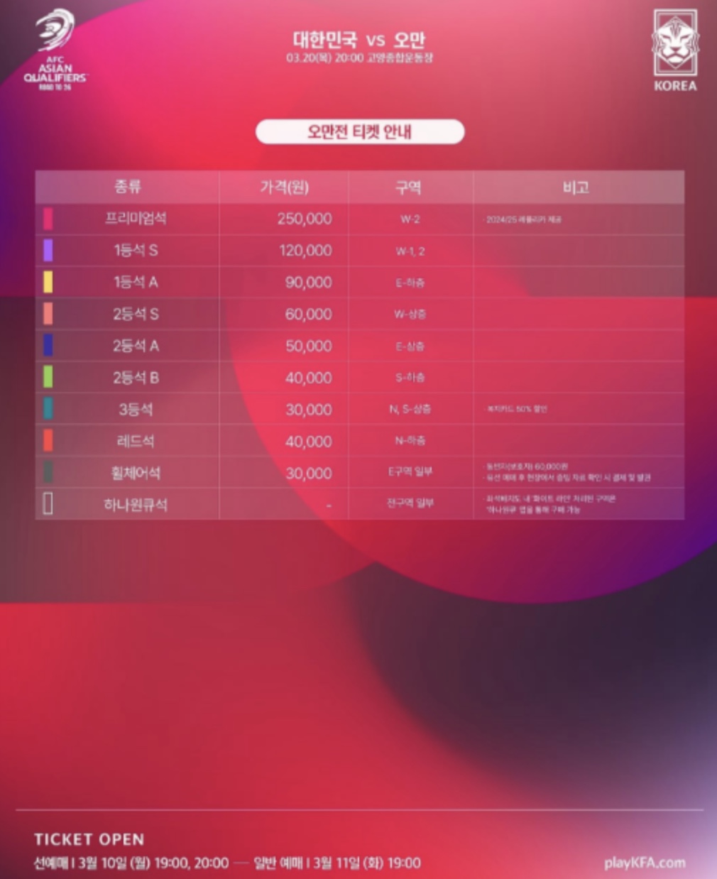 한국 축구 국가대표 오만·요르단전 일정 및 가격
