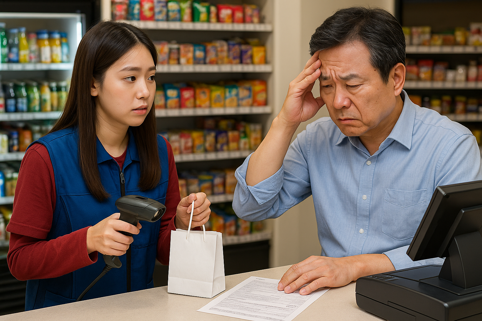 편의점 카운터에서 계산하는 아르바이트생과 걱정스러운 표정의 사장