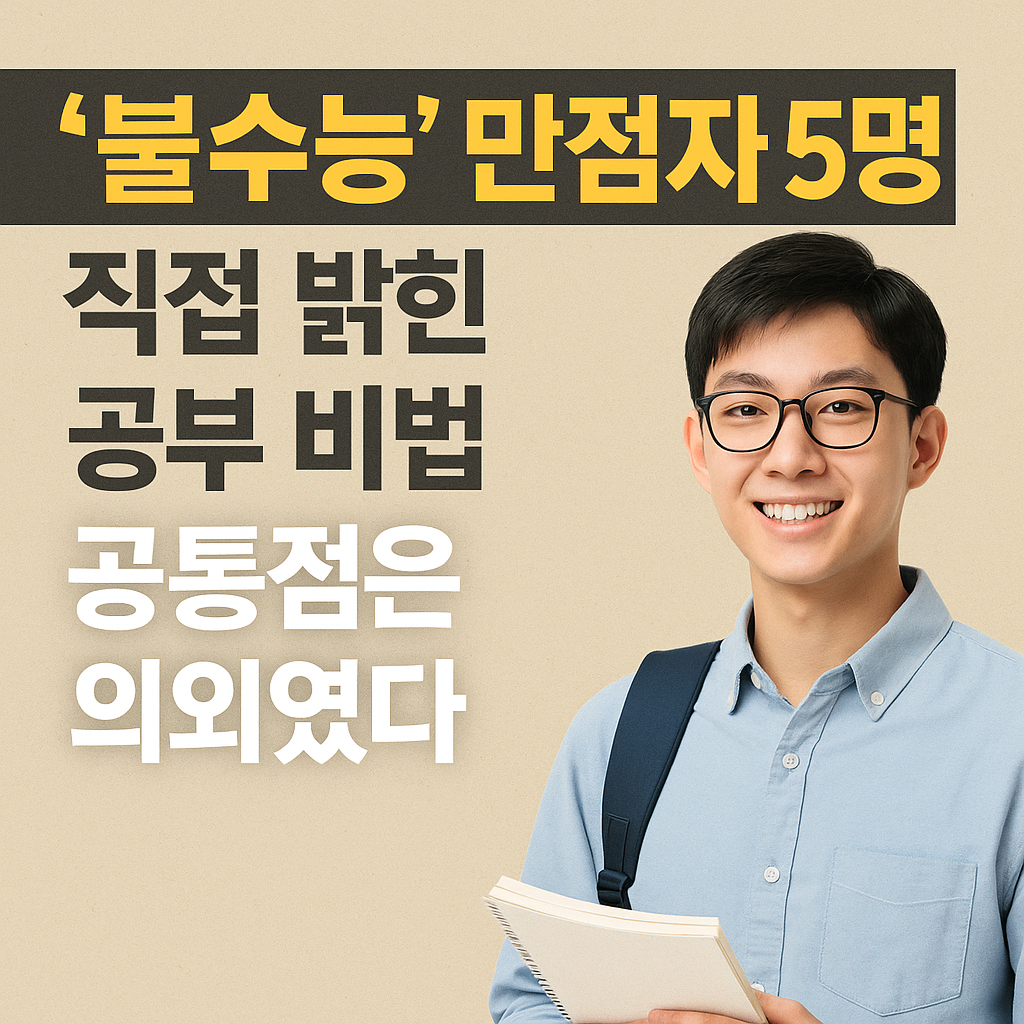 “2025 불수능에서 만점자 5명의 공부 비법을 요약한 뉴스형 카드 이미지로, 학생이 책을 들고 미소 짓는 모습과 ‘불수능 만점자 5명, 직접 밝힌 공부 비법, 공통점은 의외였다’라는 문구가 포함된 썸네일”