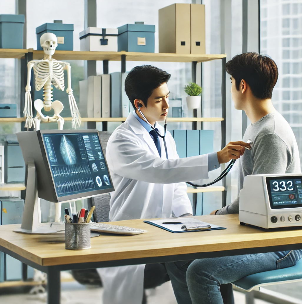 의사가 직장 건강 관리의 일환으로 직원의 건강을 검진하는 모습.