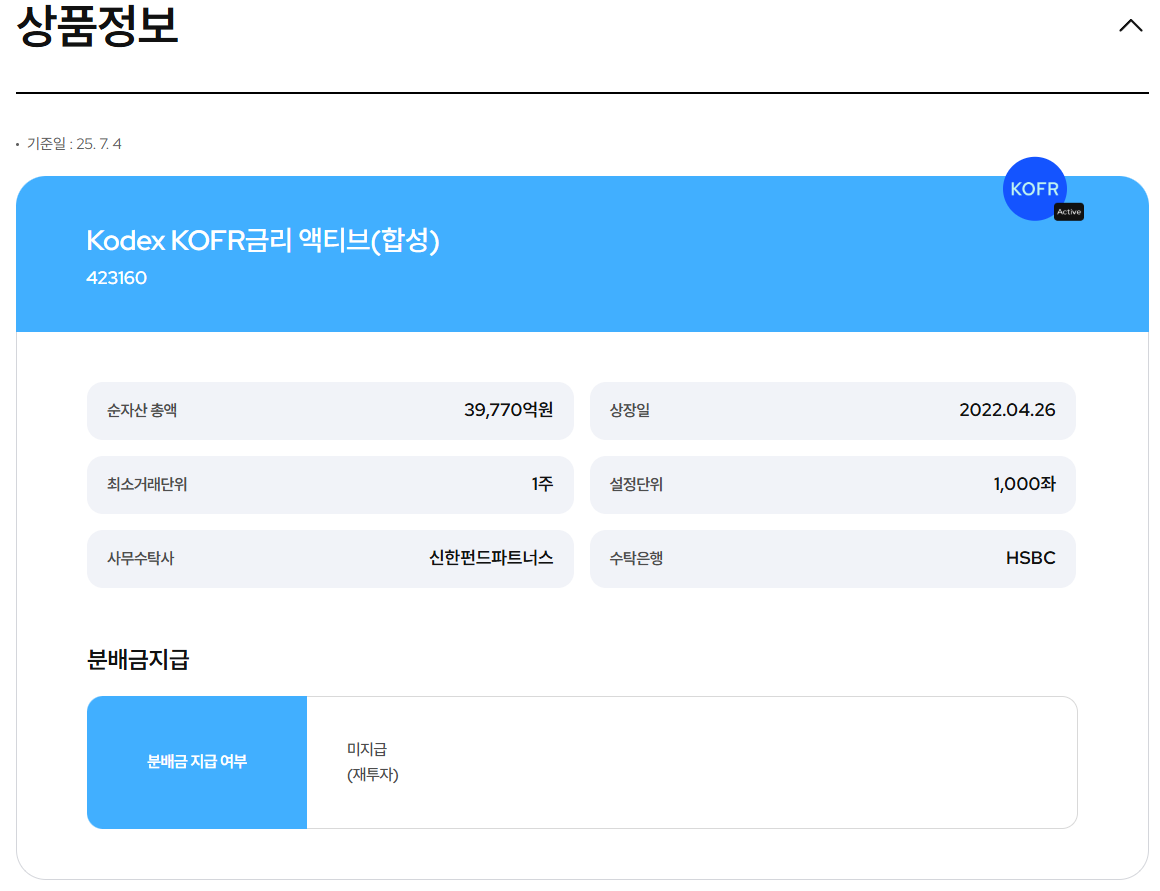 삼성자산운용 출처 KODEX KOFR금리액티브(합성) ETF 분배금 등 상품정보