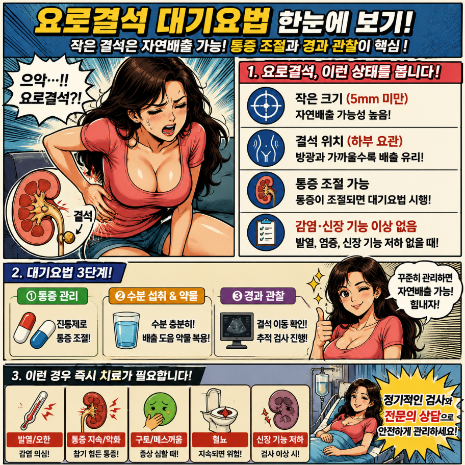 요로결석 자연배출이 검토되는 상태를 설명하는 옛날 만화 스타일 인포그래픽으로, 통증 관리와 수분 섭취, 경과 관찰, 즉시 진료가 필요한 증상 기준을 환자와 치료 장면으로 표현한 이미지