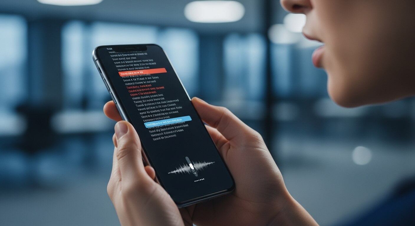 사용자가 스마트폰에 말하고 있으며, 화면에 음성 비서가 작동하는 모습이 실시간으로 표시됩니다.