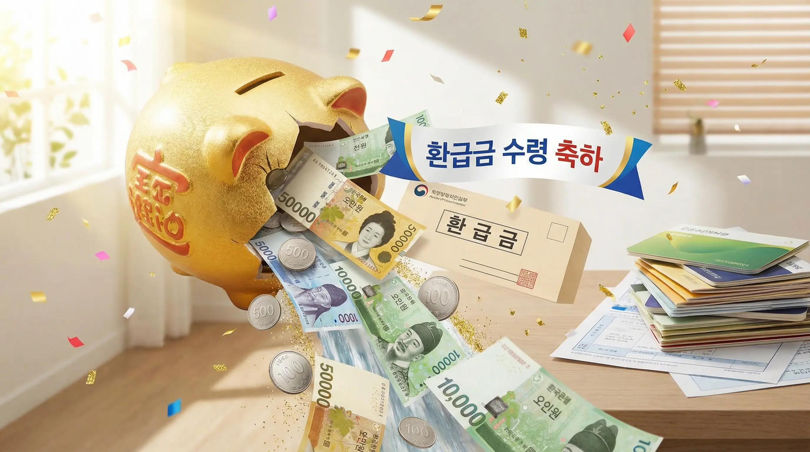 돼지저금통에서 동전과 지폐가 쏟아져 나오는 이미지, 환급금 수령을 상징