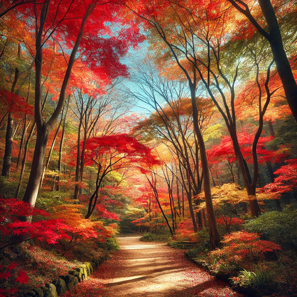 화담숲에서 물든 단풍나무와 가을의 색을 담은 고요한 산책로