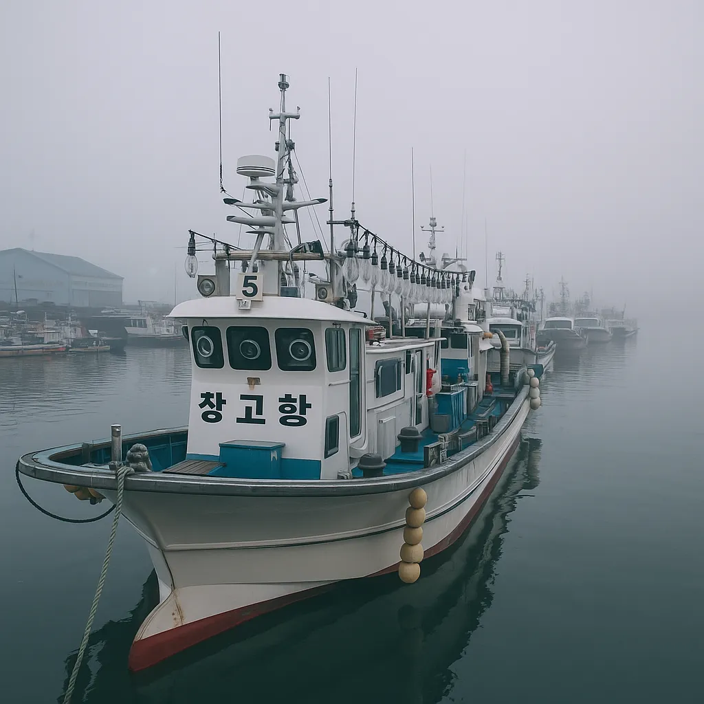 장고항 새벽 안개 속에 정박한 쭈꾸미 낚싯배 모습