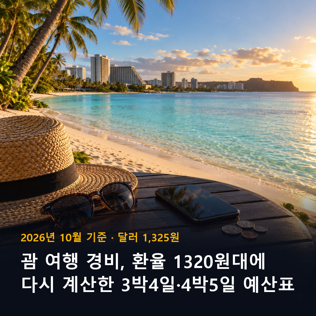 괌 여행 경비 환율 1,320원대 3박4일 4박5일 예산표 표지