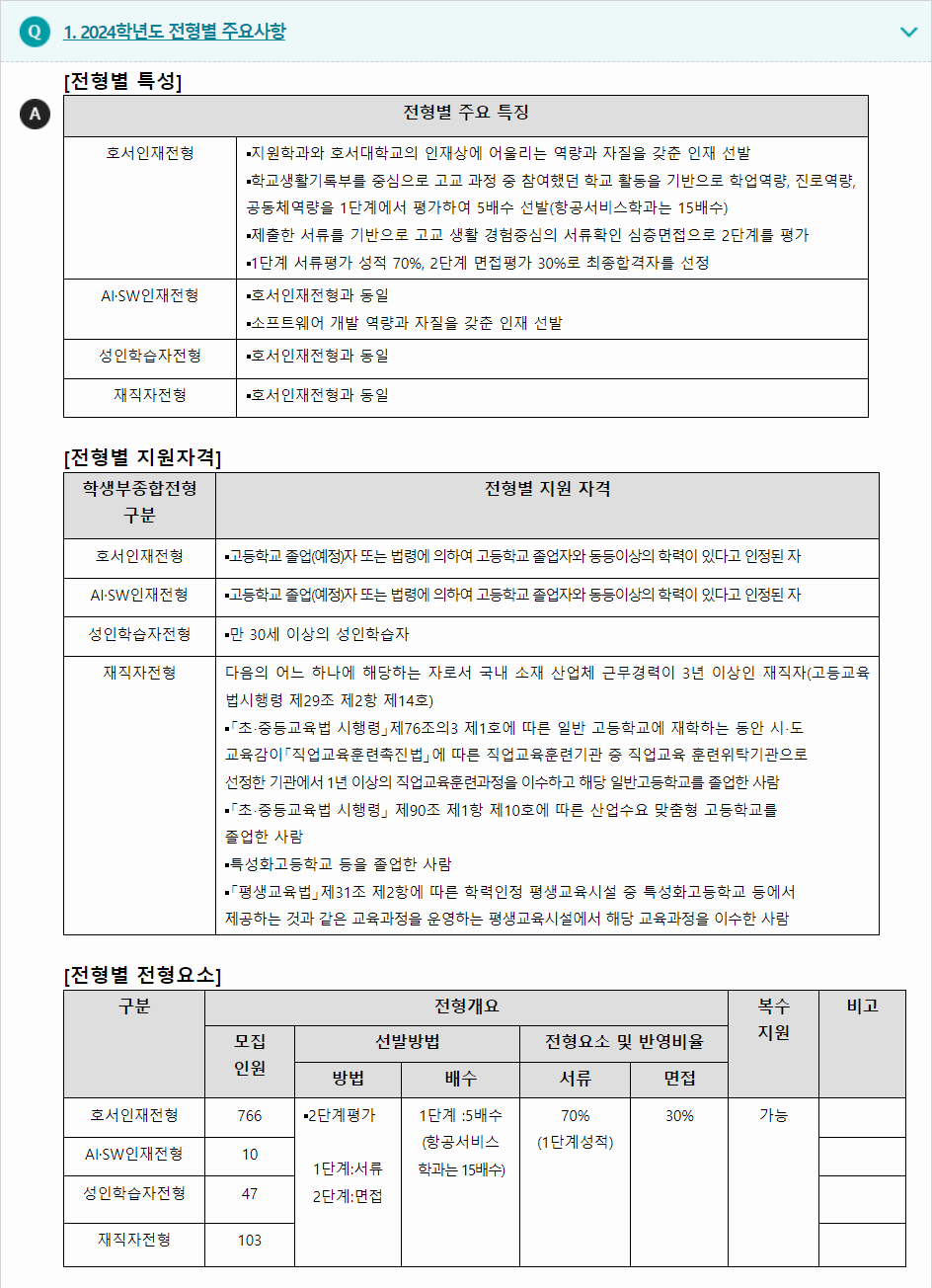 2024학년도 호서대학교 학생부종합전형 전형별 주요사항