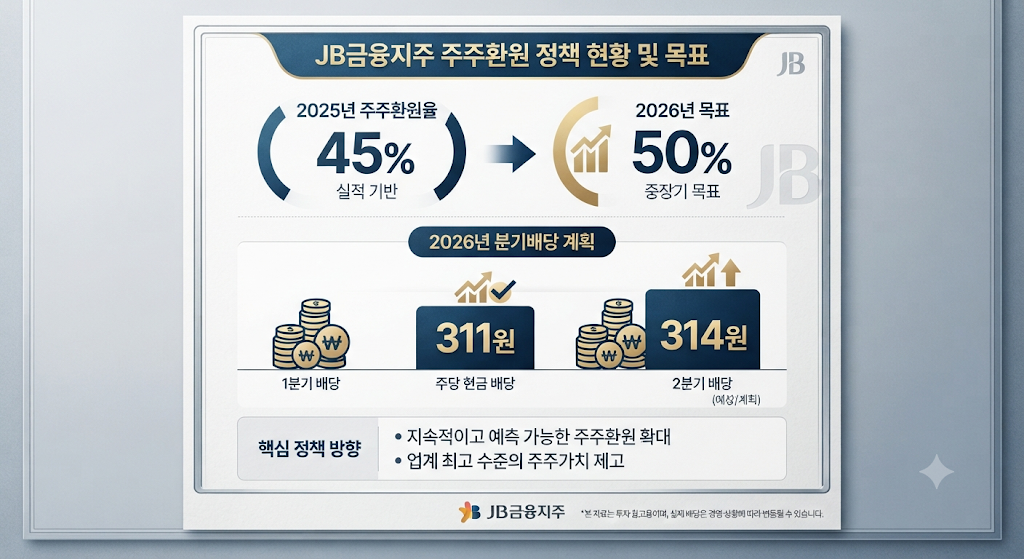 JB금융지주의 분기배당 확대와 2026년 주주환원율 목표를 보여주는 인포그래픽